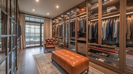 Wall Mural - Spacious walk-in closet with floor-to-ceiling glass cabinets leather seating and soft spotlights shot from a low angle narrow depth of field 