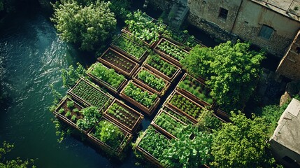 Poster - Residents cultivating rooftop gardens in an urban area recovering from a recent flood showing innovative solutions for food production Stock Photo with side copy space