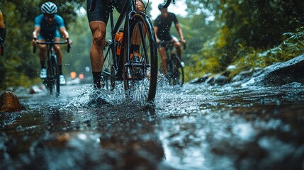 Aufkleber - People cycling down a street heavily flooded by rain showing the adaptability of sustainable transport in extreme weather Stock Photo with side copy space