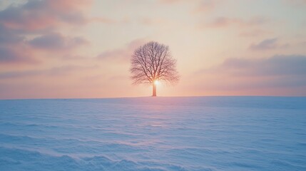 Sticker - Vast snow-covered field with a single tree in the distance soft pastel sunset colors reflecting off the snow shot from a low angle wide lens 