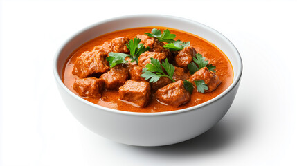 Delicious curry dish featuring tender meat chunks in rich, creamy sauce, garnished with fresh herbs.