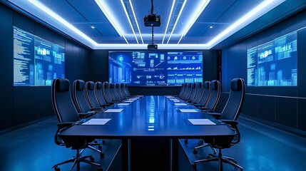 Poster - High-tech meeting room with a sleek black table digital screens on the walls and modern swivel chairs soft ceiling lighting shot from above wide-angle lens 
