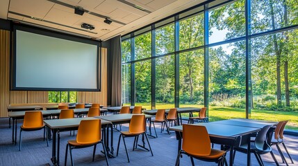 Poster - Spacious classroom with flexible seating arrangements large projector screen and glass walls overlooking a garden soft natural light shot from the corner mid-level wide lens 