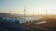 © Thanthara - Wind turbines surrounding a modern green-energy factory sleek white buildings and solar panels in the landscape soft early morning light shot from a distance wide lens