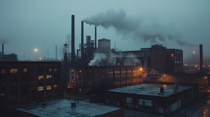 Factory landscape with a mix of old brick buildings and modern steel structures smoke billowing from stacks soft twilight glow shot from the entrance wide lens  