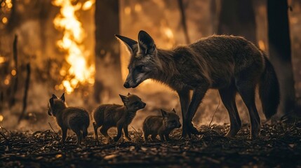 Aufkleber - A family of animals being rescued by firefighters during a wildfire showing the impact on wildlife Stock Photo with side copy space