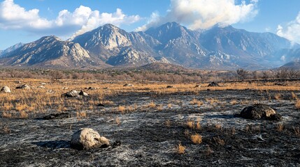 Poster - A dry and barren landscape during a drought showing the direct connection to increased wildfire frequency Stock Photo with side copy space