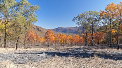 Poster - A forest being replanted after a wildfire as part of an ecological recovery project Stock Photo with side copy space