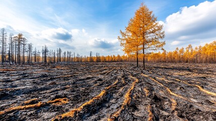 Poster - A forest being replanted after a wildfire as part of an ecological recovery project Stock Photo with side copy space