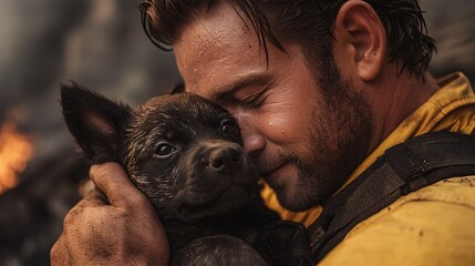 Poster - Rescue workers helping animals caught in wildfire zones moving them to safer areas Stock Photo with side copy space