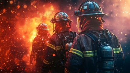 Poster - Firefighters using advanced environmentally friendly firefighting tools to battle a raging wildfire Stock Photo with side copy space