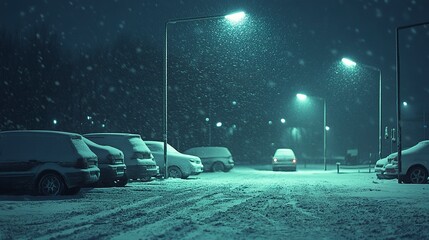 Wall Mural - Parking lot during snowfall cars covered in fresh snow soft streetlights illuminating the falling snowflakes cold winter night Camera wide shot from ground level quiet serene 