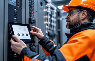 Poster - Technician in safety gear using tablet to monitor industrial equipment in modern facility environment