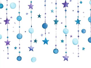 Poster - Seamless background featuring blue and purple dots alongside blue stars on a white canvas A string of aquamarine beads balls and cute star illustrations creates a whimsical starry rain effect