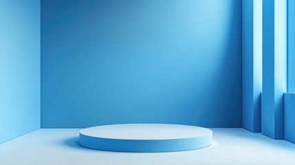 Poster - Blue podium set in a blue room featuring a white floor 3D Illustration