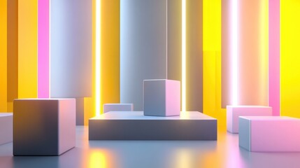 Poster - abstract background featuring a product podium stage with trendy colored cube boxes in gray and yell