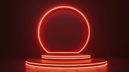 Poster - Neon illuminated circular lines abstract contemporary podium design 3D rendering