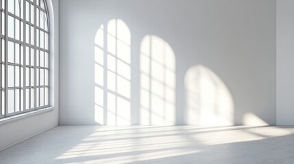 Poster - Bright minimalist interior space featuring sunlight and shadows rendered in 3D