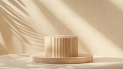 Poster - round wooden saw cut cylinder on a beige abstract background minimal box and geometric podium create