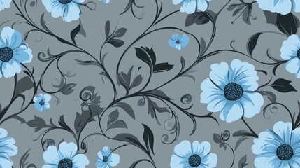 Poster - Seamless abstract floral pattern in blue on a gray background for wallpaper and textile