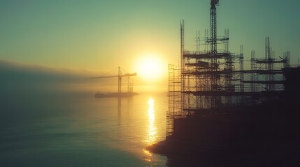 Coastal construction site at sunrise cranes and scaffolding near the shoreline golden light reflecting off the water in the distance Camera wide shot from low angle calm morning atmosphere  