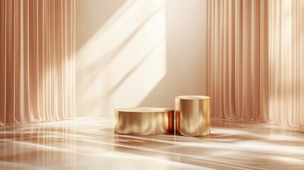 Poster - 3d rendered studio featuring geometric shapes shiny gold two cylinder podium on the floor providing 