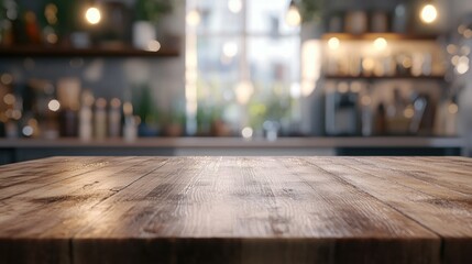 Poster - 3D rendering of an empty wooden table countertop against a blurred abstract kitchen interior background with bokeh ideal for product display or montage Beautiful banner