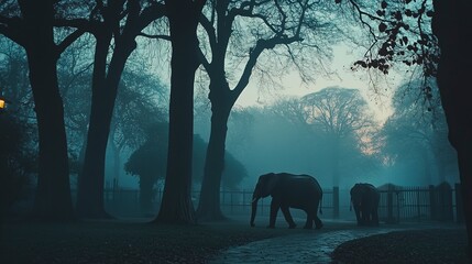 Poster - Quiet zoo at dawn mist covering the enclosures faint light revealing the silhouettes of elephants trees lining the paths Camera wide shot from low angle tranquil and serene  