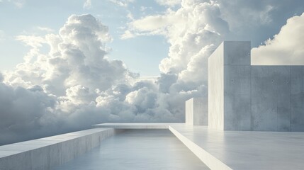 Poster - Abstract concrete architecture against a cloudy sky backdrop 3D rendering illustration