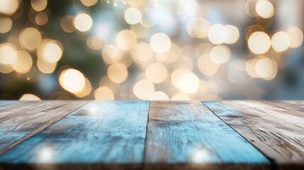 Poster - Top view of a wooden table with a softly blurred abstract blue and white bokeh background ideal for showcasing products