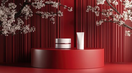 Poster - 3D rendering of an empty product display for cream cosmetics with a modern red podium backdrop
