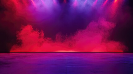 Poster - Dramatic Large Stage With Red Smoke Illuminated Backdrop In Red And Purple Abstract Blurred Background Defocused Space For Presentation Theater Show Concert Background 3D Render