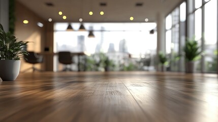 Poster - 3D rendering of a blurred empty office space with abstract light bokeh in the interior background