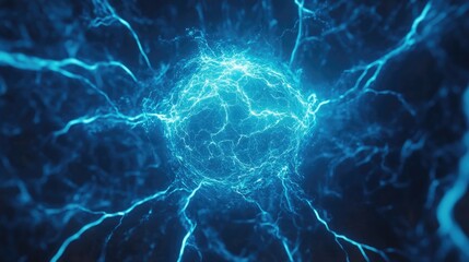 Poster - Blue glowing ball lightning in a 3D cartoon rendering featuring a computer generated abstract background