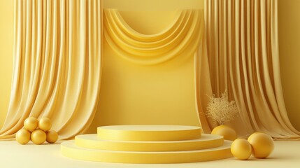 Poster - Abstract Minimalist Yellow Podium for Product Display and Showcase with Decorative Elements in 3D Rendering