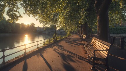 Poster - Park road along a riverbank late afternoon soft sunlight reflecting on the water trees casting shadows over the road benches overlooking the river Camera wide shot from low angle peaceful mood 