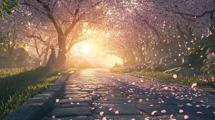 Poster - Sakura garden at sunrise soft pink petals falling from cherry blossom trees golden light filtering through branches winding stone path Camera wide angle from ground level peaceful morning  