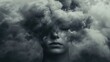 © VRVisionary - Imaginative portrayal of a human head surrounded by a dark cloud representing emotions of sadness depression and loneliness in a surreal and fantastical manner highlighting mental health themes