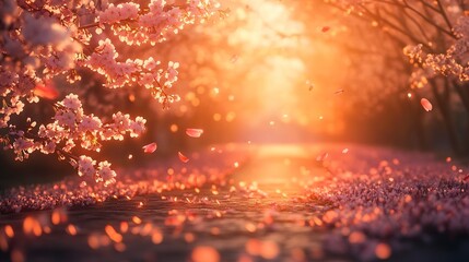 Wall Mural - Serene sakura garden at sunset warm orange light illuminating the cherry blossoms petals scattered along a narrow pathway Camera wide angle from low angle soft tranquil glow 