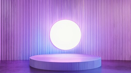 Poster - Pastel purple and blue presentation platform featuring a glowing white circular light on a textured background of embossed ribbed rectangles Vacant product display 3D rendering