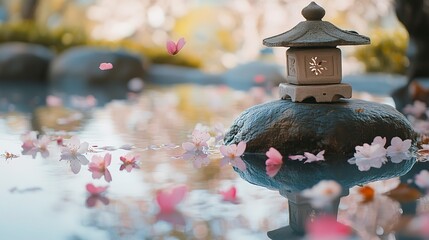 Poster - Spring Sakura garden midday blossoms reflecting in a calm pond stone lantern by the water's edge petals floating on the surface Camera wide shot from low angle bright and peaceful  