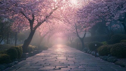 Poster - Sakura-lined path in the garden early morning mist clinging to the ground blossoms creating a pink canopy over the stone walkway Camera wide angle from ground level soft serene mood  