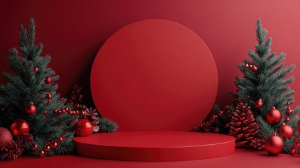 Poster - Red holiday greeting card with a blank circular podium for showcasing products on a crimson backdrop 3D rendering and illustration