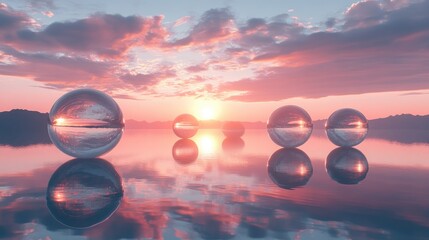 Poster - Fantasy 3D illustration of glass spheres floating on a serene water surface mirroring a tranquil sunset sky