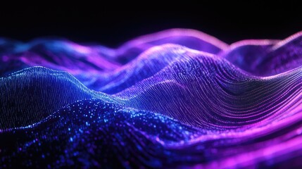 Poster - Blue and purple wave lines create a light gradient against a dark backdrop This abstract design represents technology and big data with a 3D rendering effect