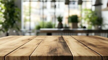 Poster - 3D rendering of a wooden kitchen table top for product display with a blurred modern interior backdrop