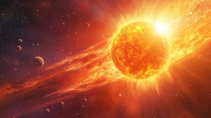 Poster - 3D cartoon illustration depicting a solar storm in outer space with solar radiation flowing towards a planet