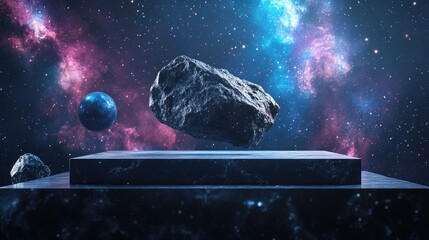 abstract display podium featuring a floating rock stone asteroid in a cosmic galaxy environment for 