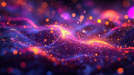 Poster - 3D cartoon rendering of vibrant cosmic energy strings with energy flowing as thin bright elements that create structural fibers