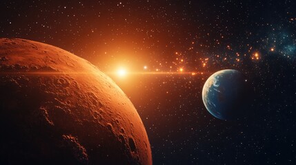 3D cartoon depiction of the red planet featuring detailed surface characteristics and craters accompanied by a stunning sunset in deep space Blue planet with lights in outer space showcasing the c